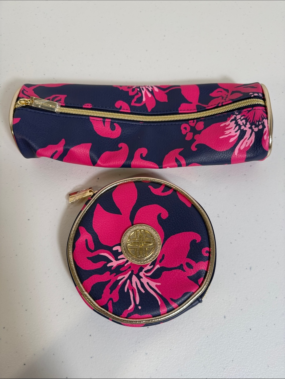 Lilly Pulitzer circular travel case and brush pouch